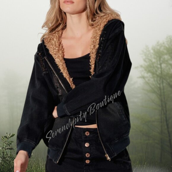 Grunge Punk Denim Hoodie Sherpa Lined Distressed Zip Up Black Jean Jacket - Picture 5 of 12